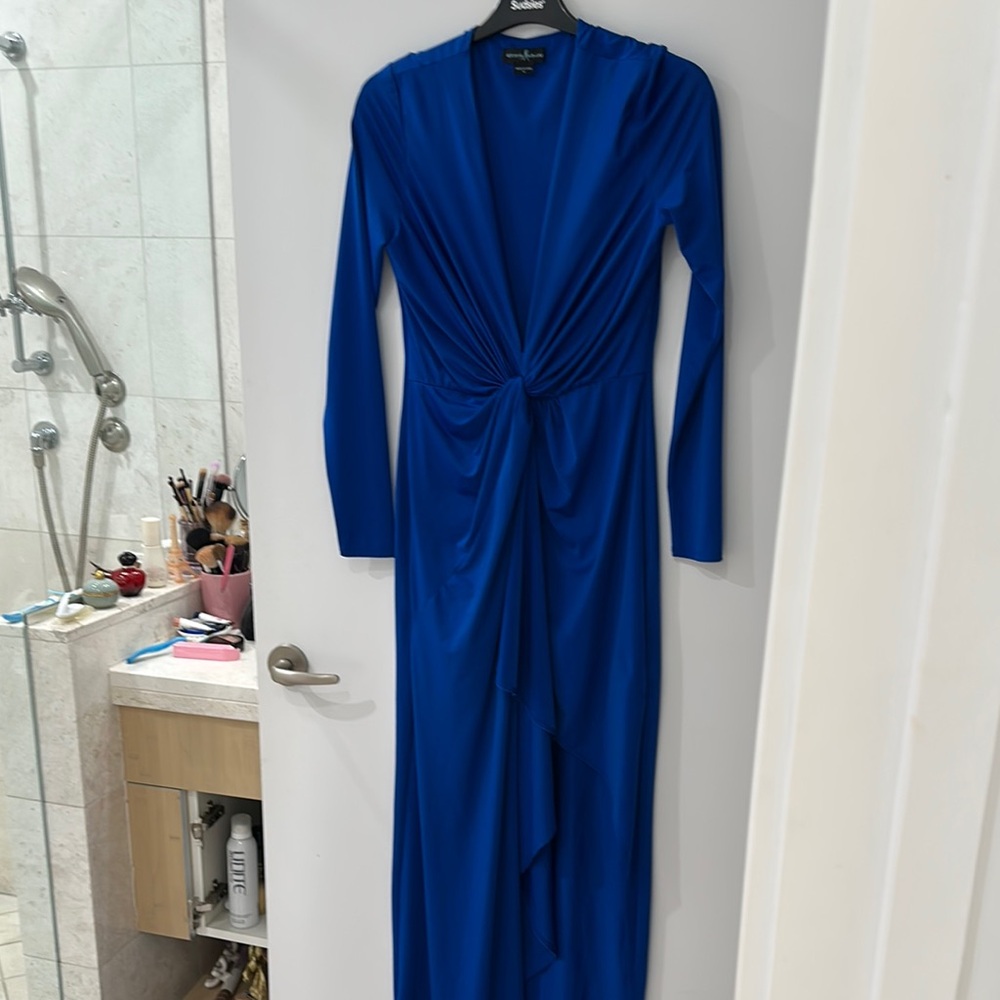 Sexy Blue Long Sleeve Dress plunging neckline